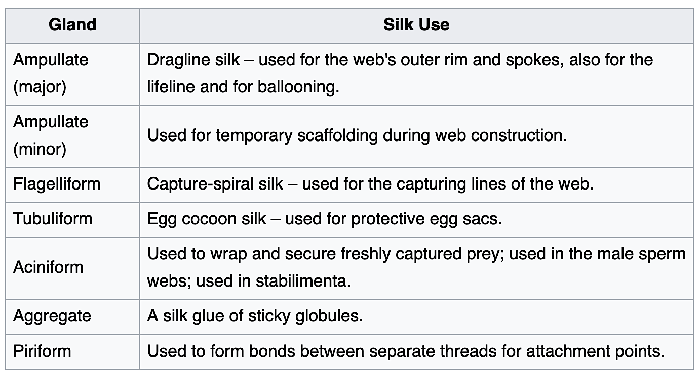 types of spider silk, courtesy of wikipedia