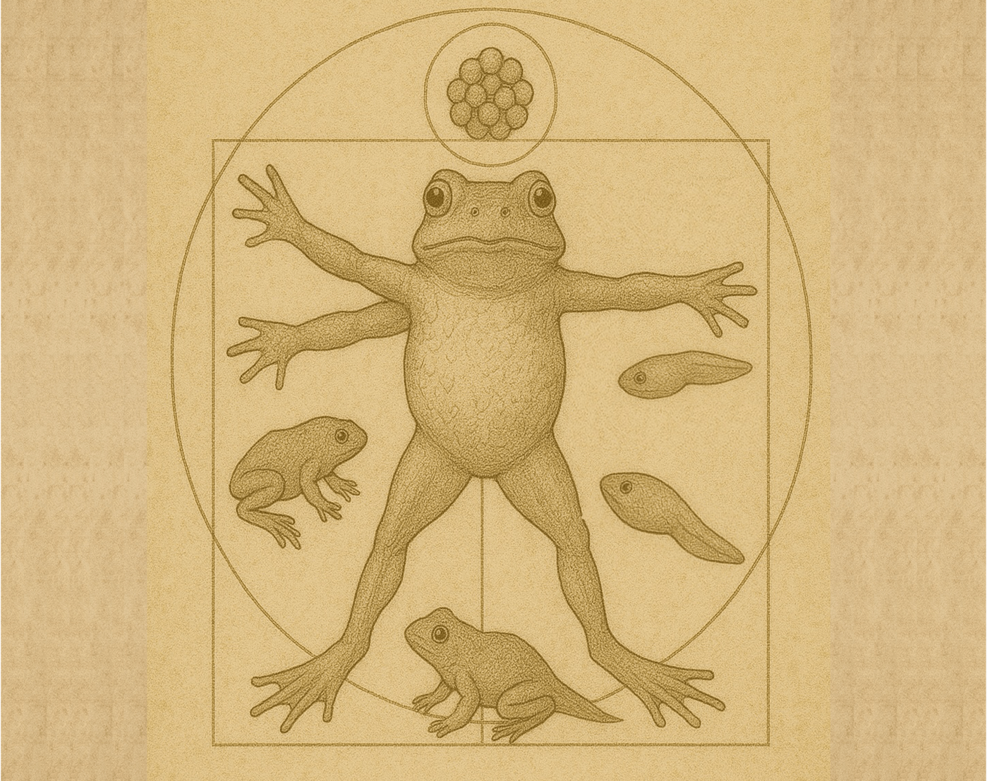 Drawing of an American toad and its metamorphosis states in the style of Leonardo Di Vinci, generated by ChatGPT
