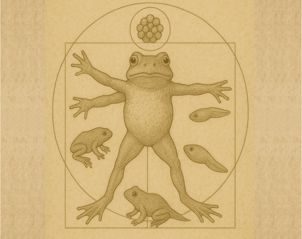 Drawing of an American toad and its metamorphosis states in the style of Leonardo Di Vinci, generated by ChatGPT