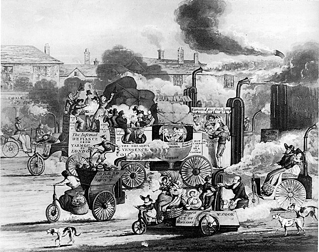 Caricature of Industrial Age factories, transportation, and air pollution by H.T. Alken, public domain