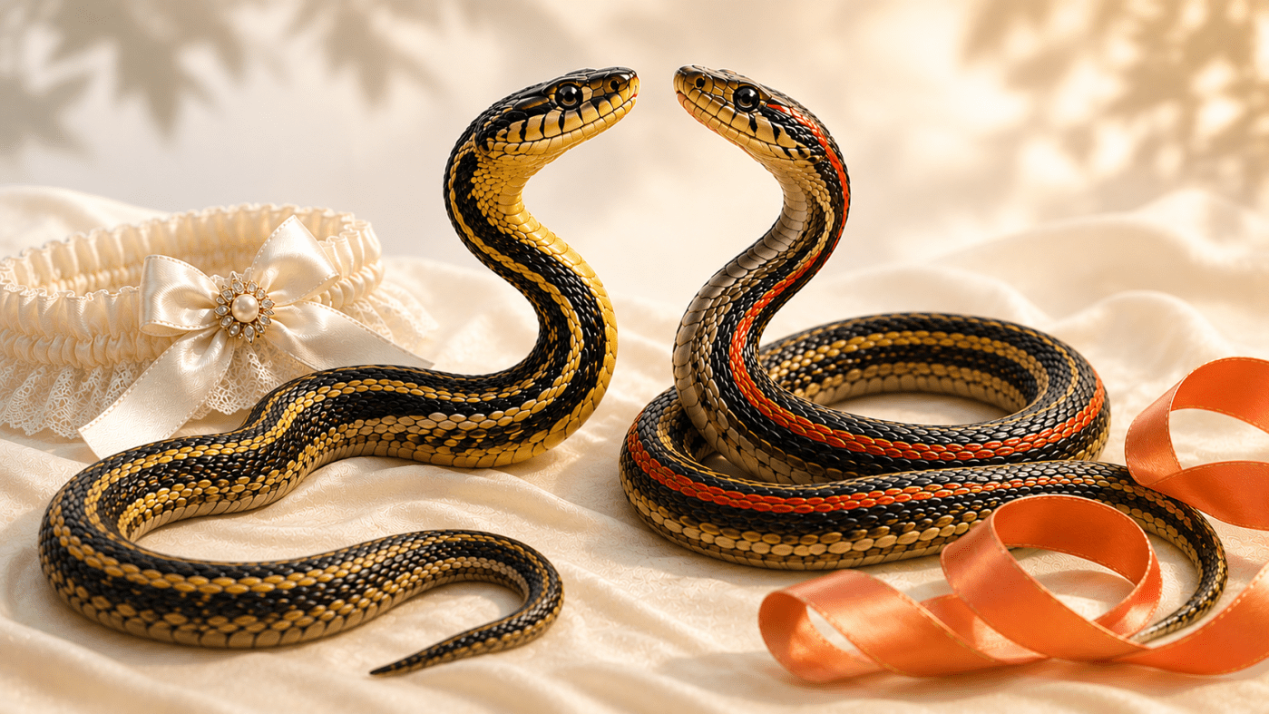 An AI-generated image of a garter snake and a ribbon snake on a cream-colored fabric background with a wedding garter and orange ribbon.