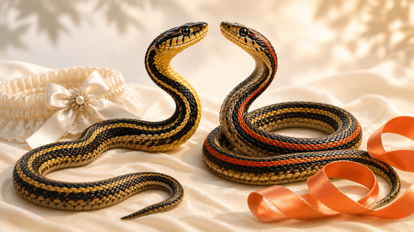 An AI-generated image of a garter snake and a ribbon snake on a cream-colored fabric background with a wedding garter and orange ribbon.
